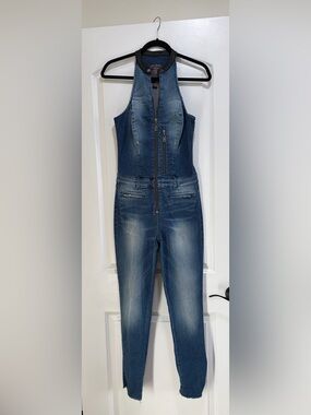 GUESS Denim Biker Jumpsuit One Piece Faux Leather Trim Mock Neck Zip Front